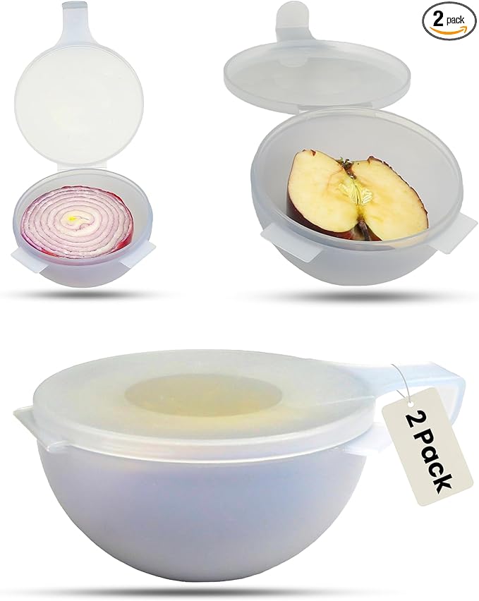 Iconikal 2-Pack Fruit Veggie Food Savers Storage Containers 4.25-Inch Bowl Produce Keeper BPA Free Dishwasher Safe Cut Onion Tomato Apple Holder Vegetables
