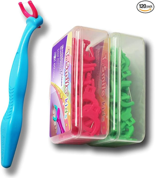 T.Smile Kids Evolutionary Clean Dental Flosser Kit, Child-Sized Handle & Refills, Fluoride Free, for Ages 3+, (Blue Handle + 120 Refills)