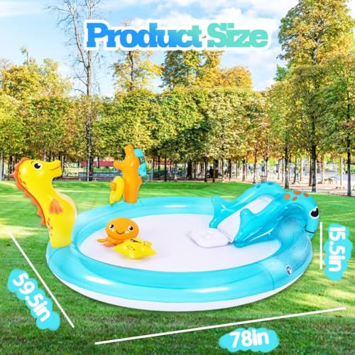 Sea Animal Inflatable Kids Pool with Slide and Sprinkler, Inflatable Play Center with Rings & Animal Figures, 78"x59.5"x15.5" Kiddie Pool for Summer Outdoor Backyard