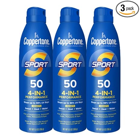 Coppertone Sport Sunscreen Spray SPF 50, Sweat, Heat and Water Resistant Sunblock, Lightweight, Oxybenzone Free, Spray Sunscreen Bulk Pack, 5.5 Oz Bottle, Pack of 3