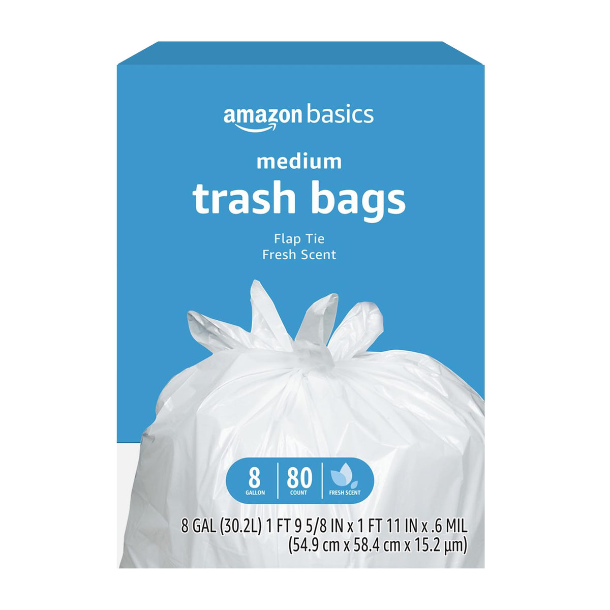 Basics 8 Gallon Flap Tie Trash Bags, Fresh Scent, 80 Count