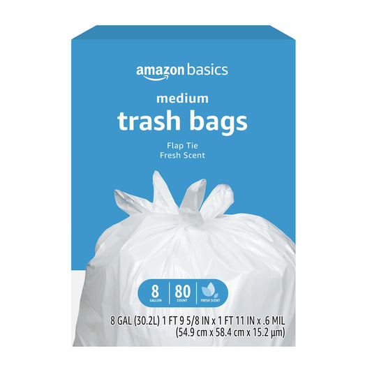 Basics 8 Gallon Flap Tie Trash Bags, Fresh Scent, 80 Count