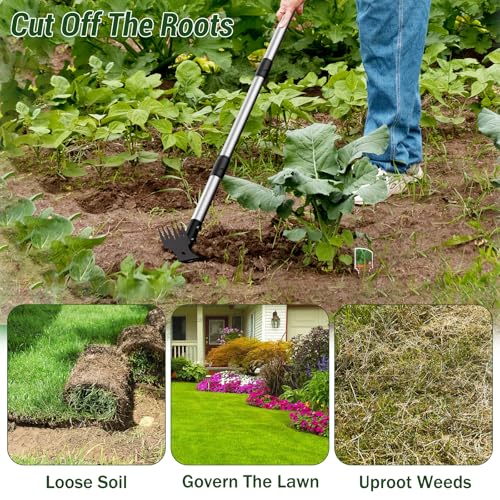 Weed Puller Tool with Long Handle – 2-in-1 Handle Garden Hoe and Weed Rake, Hoe Garden Tool for Home Gardens, Lawns, and Yards