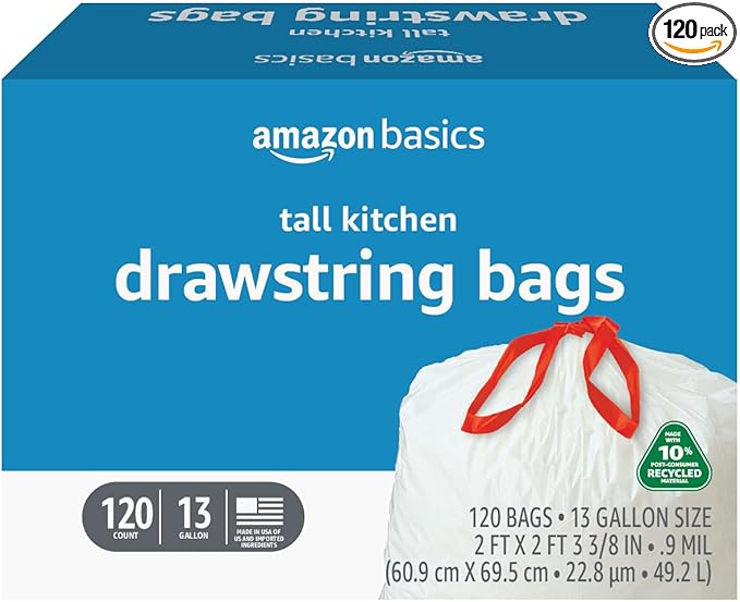 Basics 13 Gallon Tall Kitchen Drawstring Trash Bags, Unscented, 10% Post Consumer Recycled, 120 Count, White