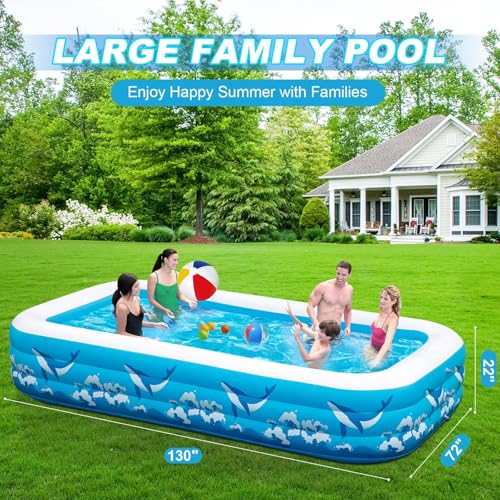 Large Inflatable Swimming Pool for Adults Kids - 130"x72"x22" Blow Up Pools Kiddie Pool with Pump, Oversized Thickened Family Inflatable Pools for Backyard Outdoor Garden Summer Water Party