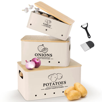 Kitchen Vegetable Storage Set of 3, Metal Onion Garlic Potato Storage Set, Kitchen Canisters Vegetable Keeper Containers