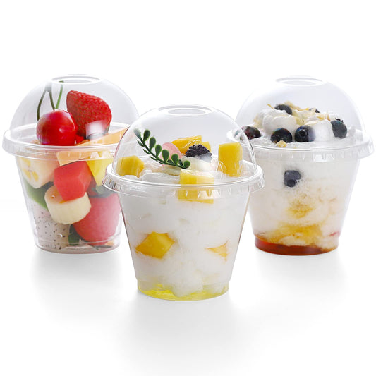 TashiBox 9 Ounce -100 Pack plastic cups with dome lids | Plastic Cocktail Glasses with lids | Plastic Drinking Cups with Lids | Bulk Party Cups | Wedding Tumblers