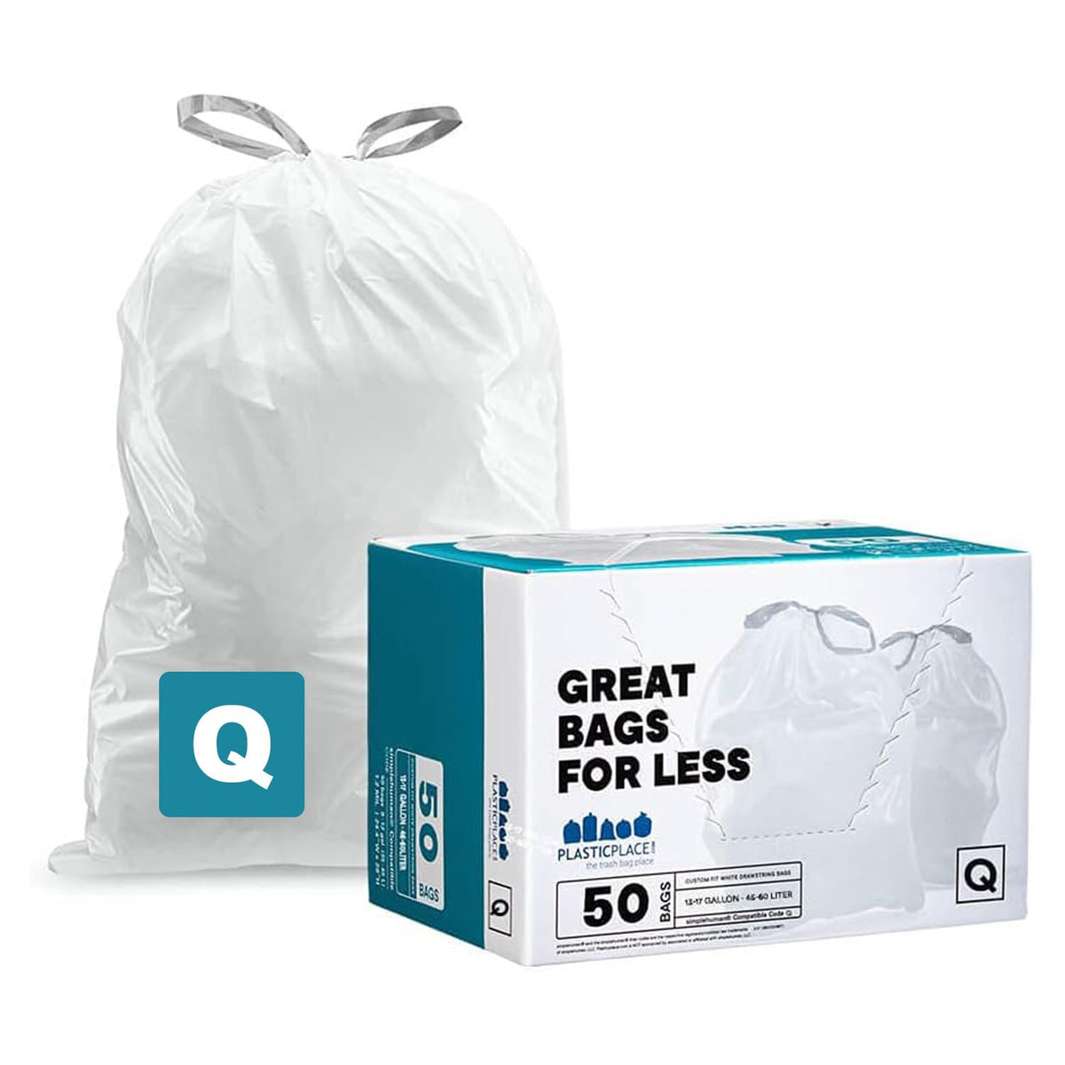 Plasticplace Custom Fit Trash Bags, Compatible with Simplehuman Code Q (50 Count), 13-17 Gallon Drawstring Garbage Liners, Heavy Duty Tear-Resistant