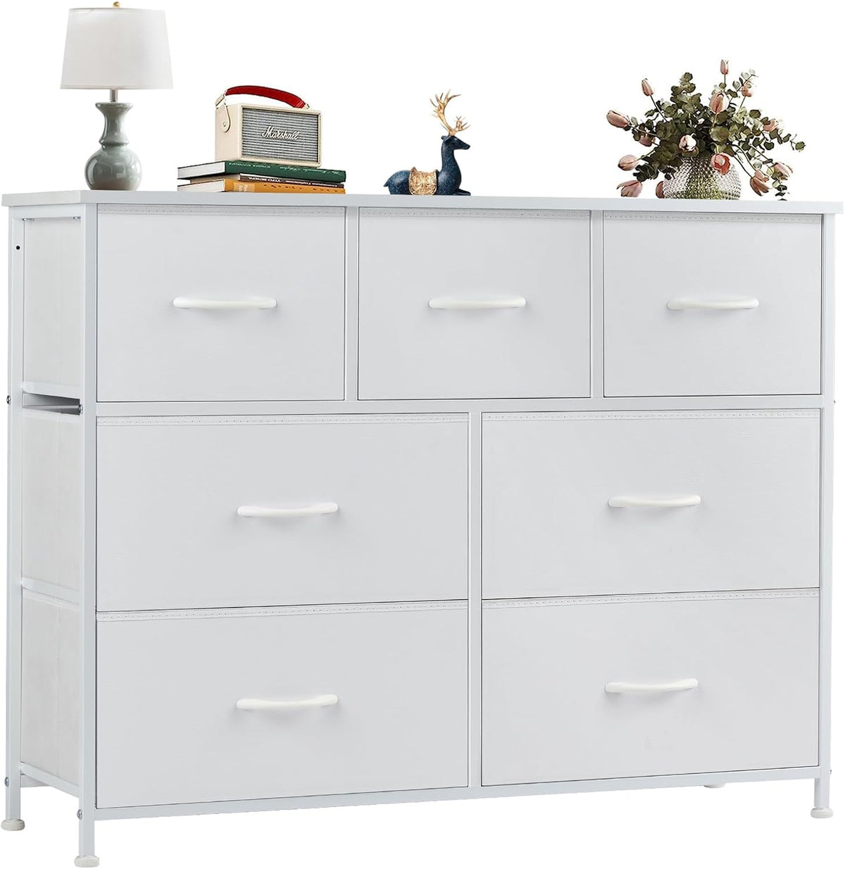 OLIXIS Dresser for Bedroom, 7 Storage Drawers, Wide Fabric Closet Chests Organizer Tower Furniture, TV Stand with Wooden Top Metal Frame for Clothes