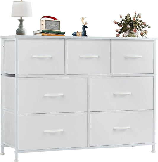 OLIXIS Dresser for Bedroom, 7 Storage Drawers, Wide Fabric Closet Chests Organizer Tower Furniture, TV Stand with Wooden Top Metal Frame for Clothes