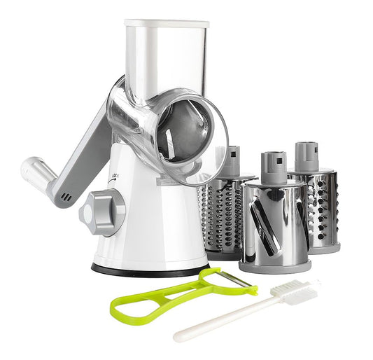 Ourokhome Rotary Cheese Grater Hand Crank, Kitchen Shredder Speed Mandolin Slicer Nuts Grinder with Handle and Drum Blades for Cheese, Vegetable, Walnuts, Chocolate, Potato, Carrot, 3 Blades, White