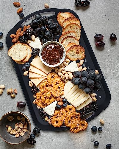 Large Nonslip Serving Tray with Handles, Silicone Grippy Dots Lap Food Trays for Eating, Dishwasher Safe Serve for Breakfast Dinner Snack Fruit Appetizers Beverage, Rectangular, Set of 2, Black