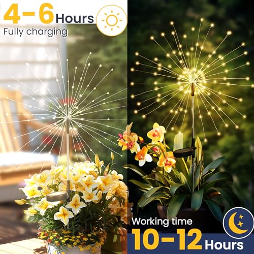 GIGALUMI 2 Pack Solar Firework Lights Outdoor, Garden Decor, Warm White