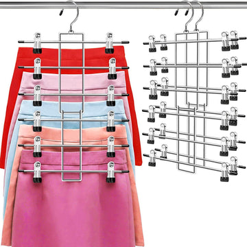 Pants Hangers with Clips, Space Saving Hanging Closet Organizer-6 Tiers Skirt Hangers with 360° Swivel Hook