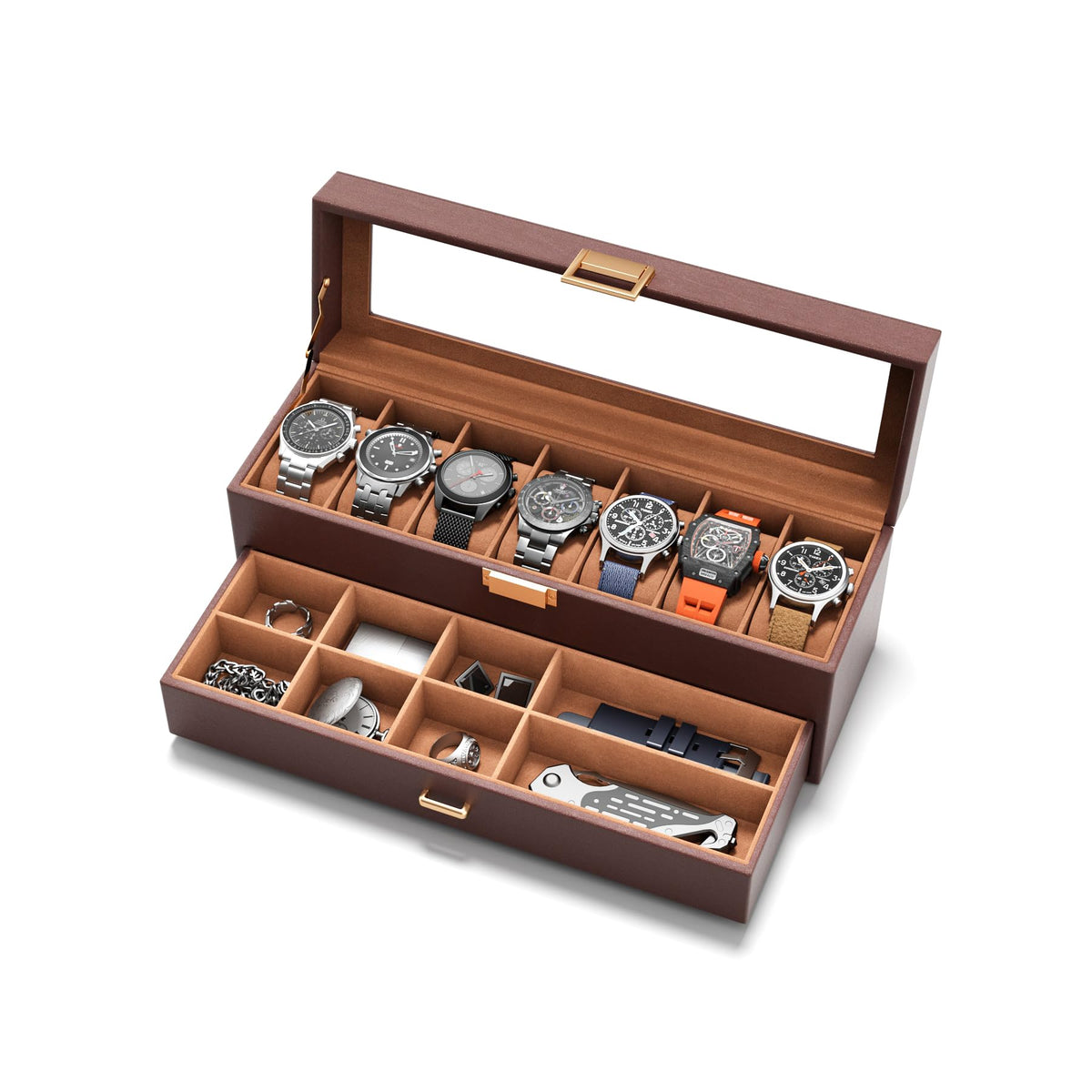 Watch Case Box for Men - 7 SLots Watches Storage Organizer Real-Glass Display Case with Jewelry Drawer 2-Layer PU Leather Collection Holder Gift for Loved Ones Brown