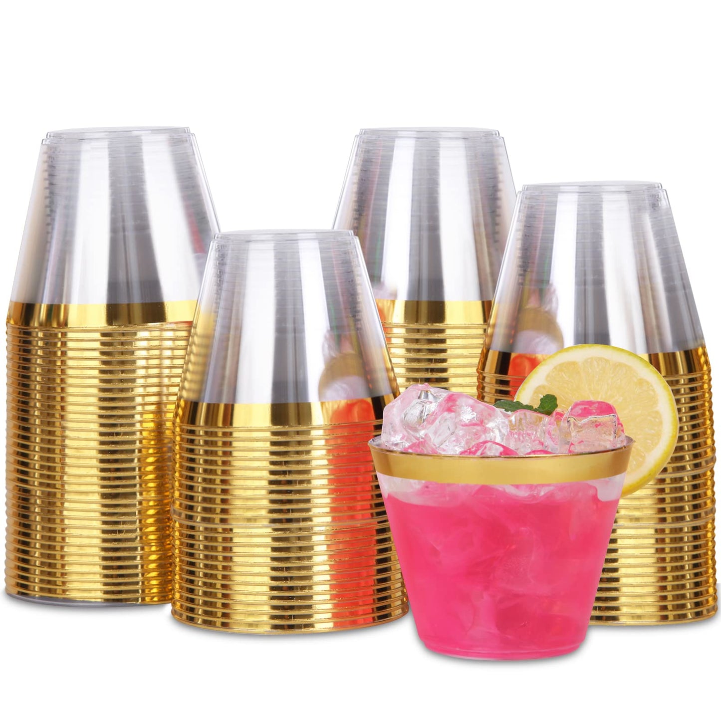 Tobvory 100 Pack Gold Rimmed Plastic Cups - 9 oz Hard Clear Plastic Cups, Premium Disposable Cup For Cocktail And Drinking - Food Grade Party Cups Set - Sturdy Tumbler Cup - Gold Rim