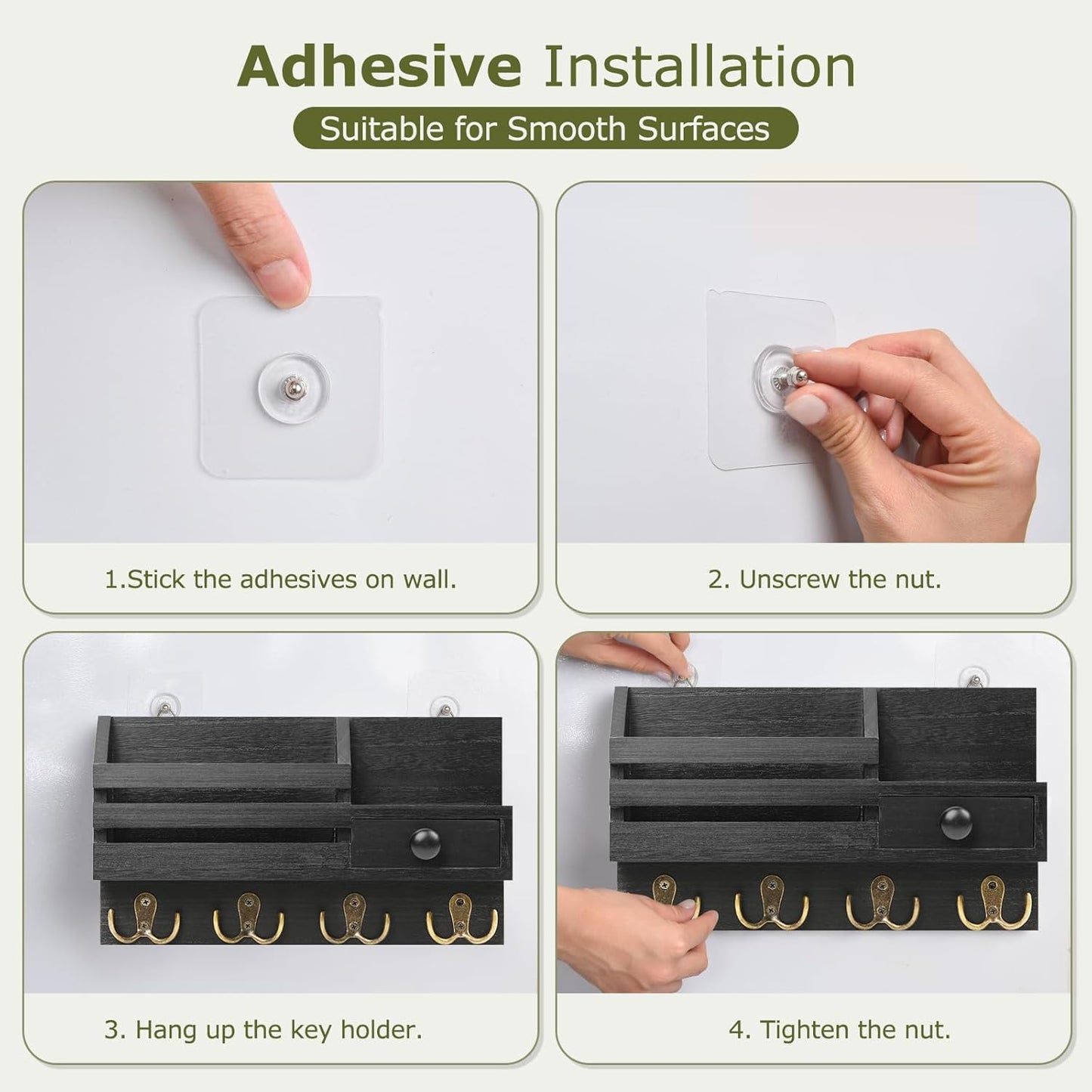 Key Holder Wall Mount, Wooden Adhesive Mail and Key Organizer with Drawer, Small Shelf, 8 Hooks, 2 Installation Methods, Black
