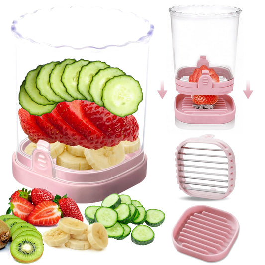 Strawberry Slicer：Fruit Slicer Cup Veggie Salad Speed Cutter for Strawberries Egg Banana Mushroom Cucumber Kiwi the Kitchen Portable Slicing Tool (Pink)