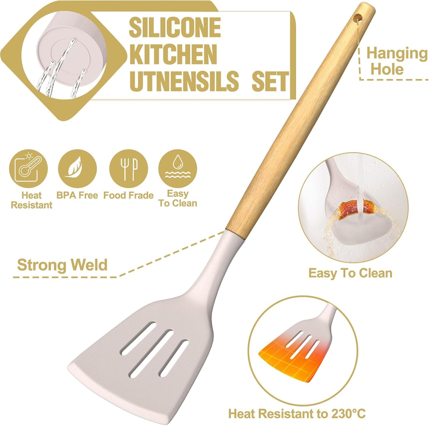 Cooking Utensils Set- Umite Chef Khaki Silicone Kitchen Utensils Set, 34PCS Heat Resistant Kitchen Gadgets Tools Set with Grater, Wooden Handle Kitchen Spatula Set for Nonstick Cookware
