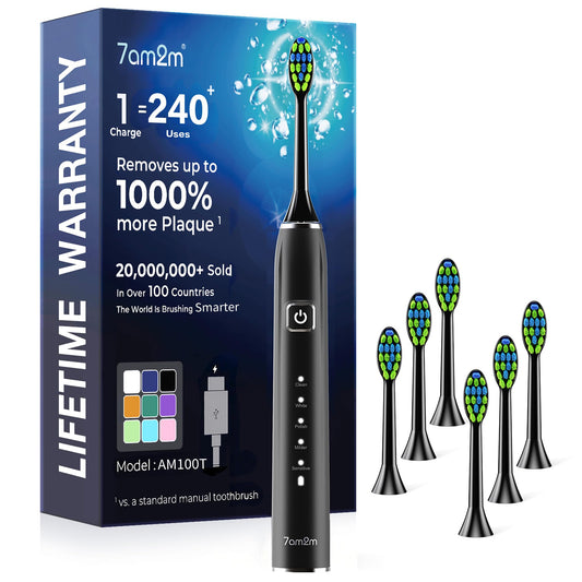 7AM2M Travel Electric Toothbrush for Adults&Kids, Type-C Charging Run for 120 Days, with 6 Brush Heads, 5 Modes&40000VPM Powered Rechargeable Toothbrush, Travel & Home Use (Black)