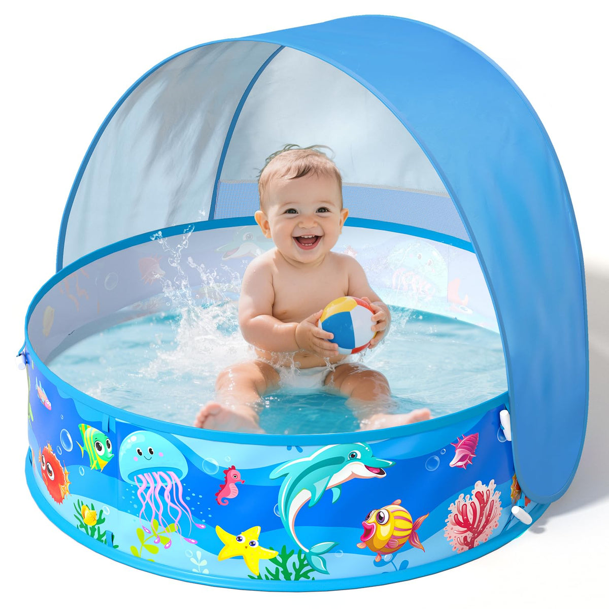 Baby Pool with Canopy Foldable Kiddie Pool with Sun Shade Pools for Toddlers Baby Beach Essentials Pop Up Tent Swimming Wading Pools Portable Summer Water Play for Indoor Outdoor Beach Backyards