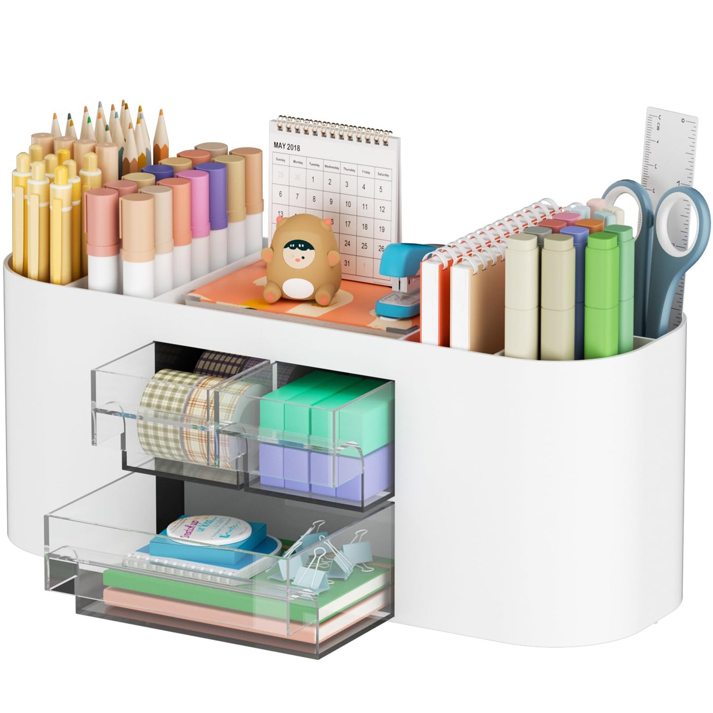 Marbrasse Desk Organizer Pen Holder for Desk with 3 Drawers, Multi-Functional Pencil Holder, Desk Organizers and Accessories with 7 Compartments for Home, School, Classroom(White)