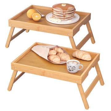Fibogollo 2 Pack Bamboo Bed Tray Table with Folding Legs, Breakfast Trays, Serving Tray for Food and Snack, Laptop Trays for Working(Natural)