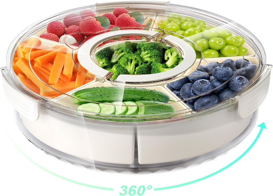 Divided Rotating Serving Tray with Lid and Handle, Portable Snackle Box for Fruits Snacks Veggie Charcuterie