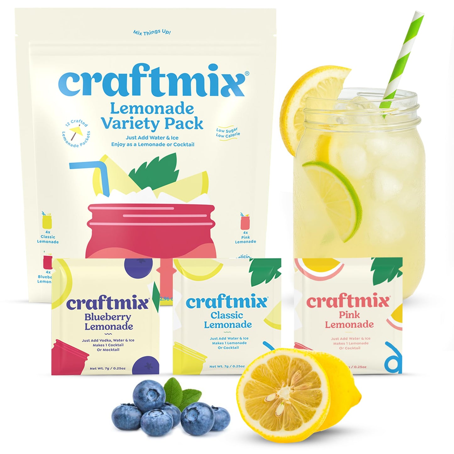 Craftmix Lemonade Variety Mix, 12 Packets, Easy Powder Drink with Real Fruit, Low-Sugar, Vegan, Low-Carb, Non-GMO, Dairy-Free, Gluten-Free, Flavored Water Enhancer, On-the-Go Water Flavoring Packets