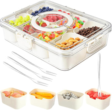 Snackle Box Container, Portable Snack Box 8 Compartment Divided Serving Tray with Lid, Clear Storage Organizer