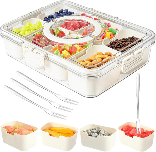 Snackle Box Container, Portable Snack Box 8 Compartment Divided Serving Tray with Lid, Clear Storage Organizer