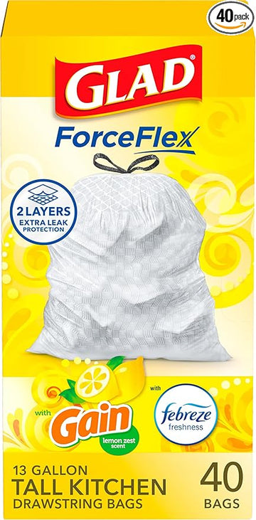 Glad ForceFlex Tall Kitchen Drawstring Trash Bags, 13 Gal, Gain Lemon Zest, 40 Ct (Package May Vary)