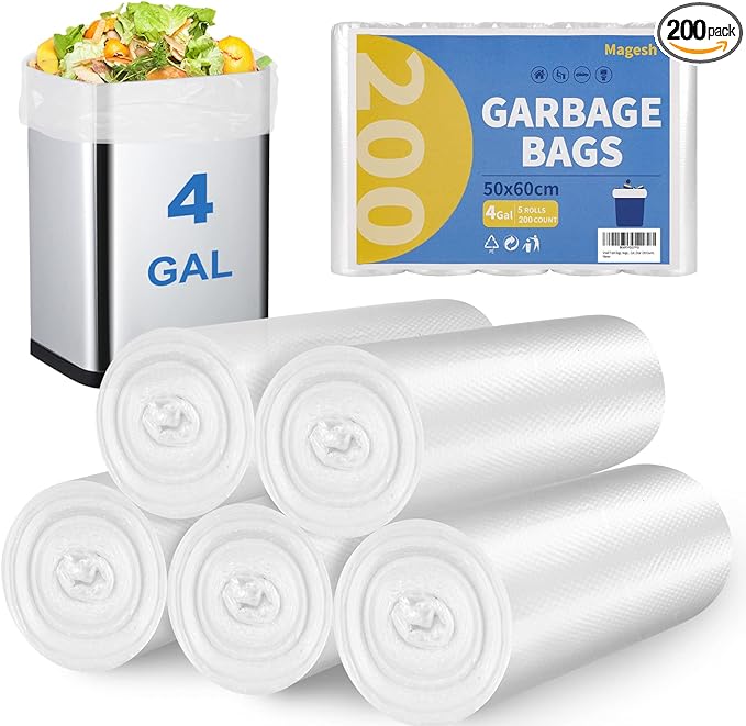 Small Trash Bags, Magesh 4 Gallon Trash Bag/Small Garbage Bags, Strong Wastebasket Liners for Bathroom Bedroom Office Trash Can, Clear 200 Counts