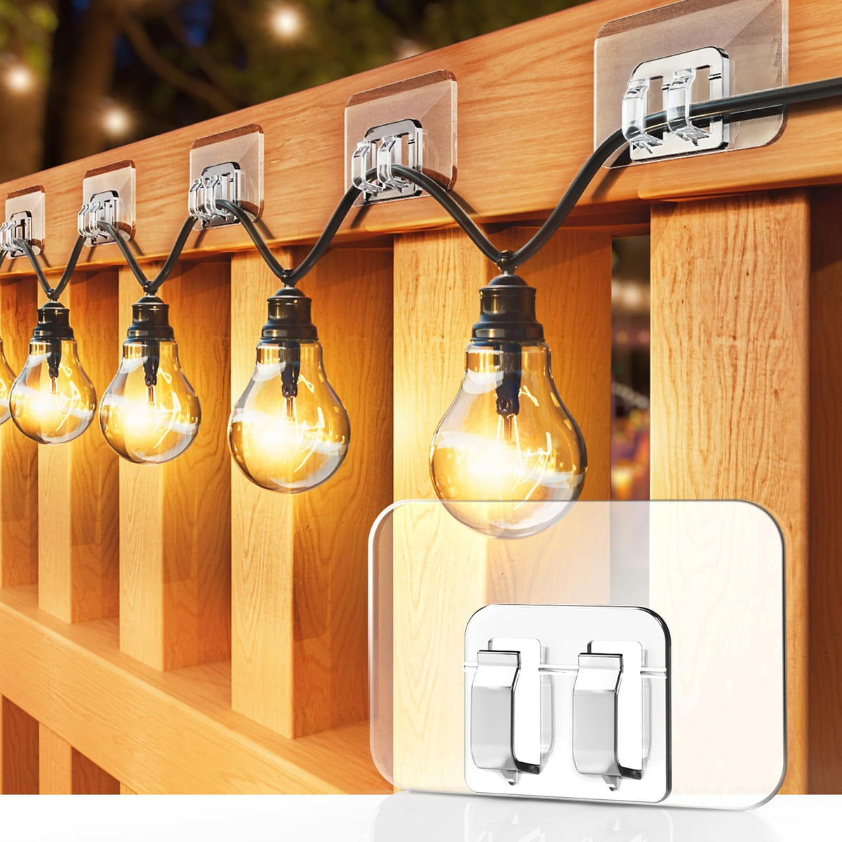 Hooks for Outdoor String Lights - 100 Pack with Adhesive Strips - No Damage, No Tools, No Holes, Waterproof and UV-Resistant, Perfect for Christmas