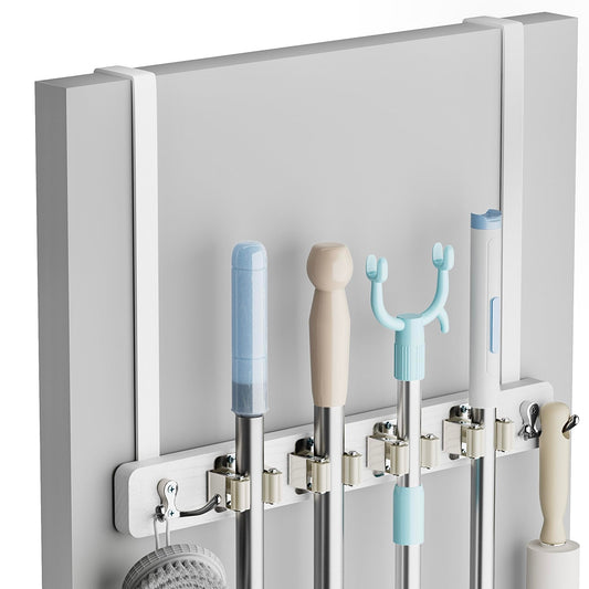 Lorbro Broom Holder Door Mount, Wood Over the Door Broom and Mop Holder