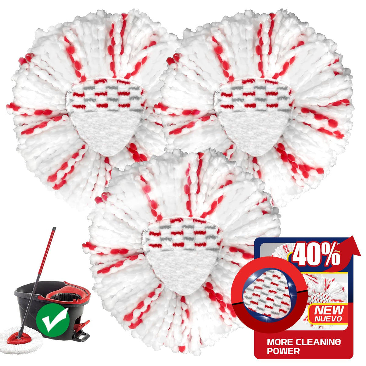 [2026 New Version] Mop Head Replacement - 40% More Cleaning Power, 3 Pack Spin Mop Replacement Head for Easy Wring 1-Tank System, Easy Cleaning, Microfiber and Machine Washable