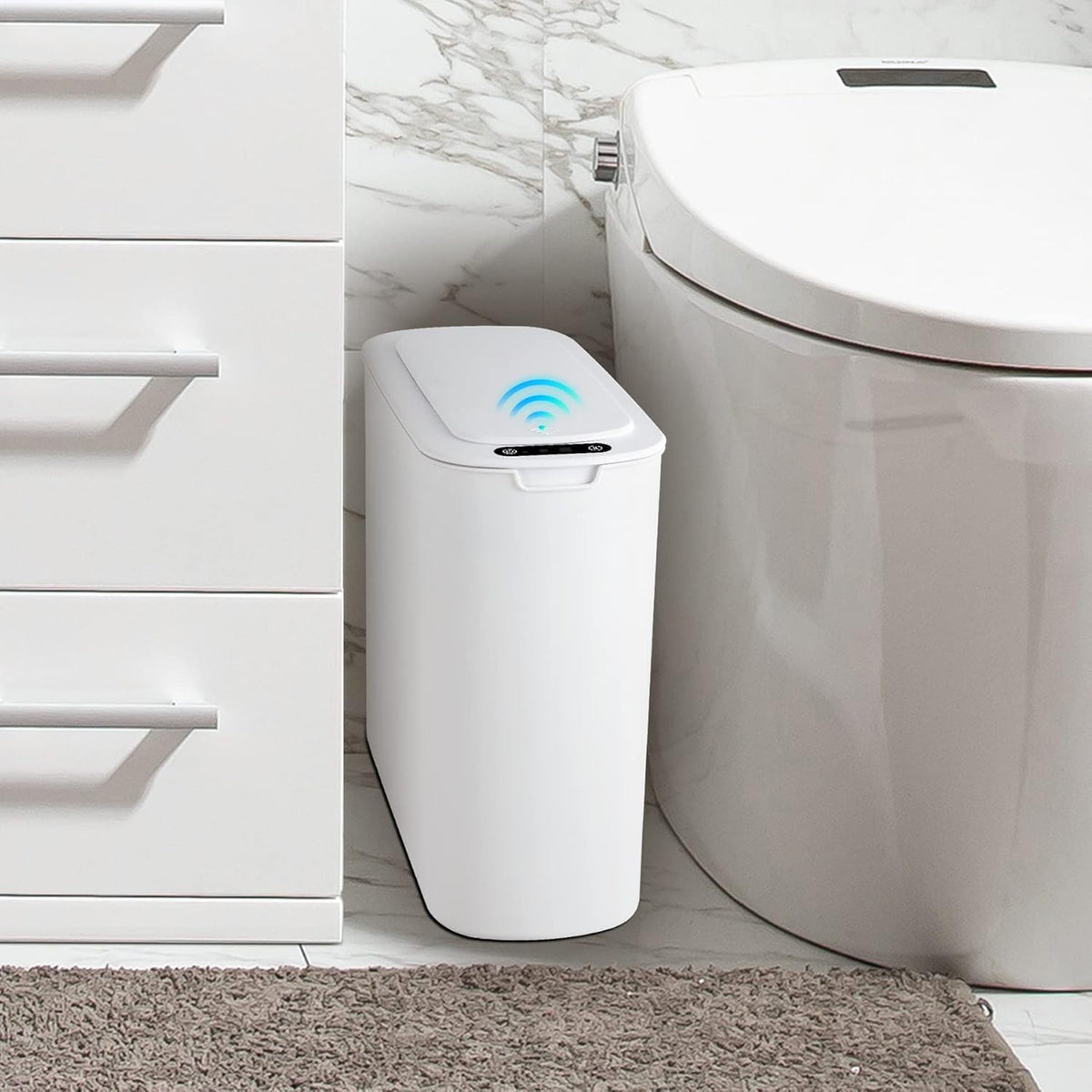 Cesun Automatic Motion Sensor Bathroom Trash Can with Lid, 2.6 Gallon Touchless Trash Bin, Smart Plastic Slim Garbage Can Small White Wastebasket