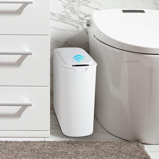 Cesun Automatic Motion Sensor Bathroom Trash Can with Lid, 2.6 Gallon Touchless Trash Bin, Smart Plastic Slim Garbage Can Small White Wastebasket