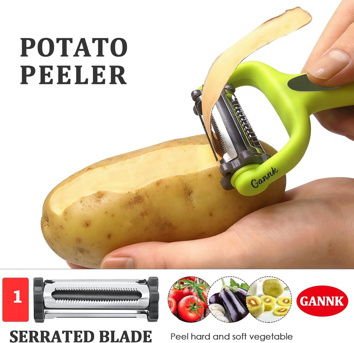 GANNK Potato Apple Vegetable Peelers for Kitchen, I and Y Peelers for Fruit Veggie Potatoes Carrot Cucumber, 3 in 1 Blade Spin Design With Julienne Function