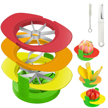 Fruit Cutter Slicer, 4 in 1 Apple Slicer with Vegetable Peeler & Cleaning Brush Mango Cutter Corer Remover Tomato Wedges Stainless Steel Heavy Duty