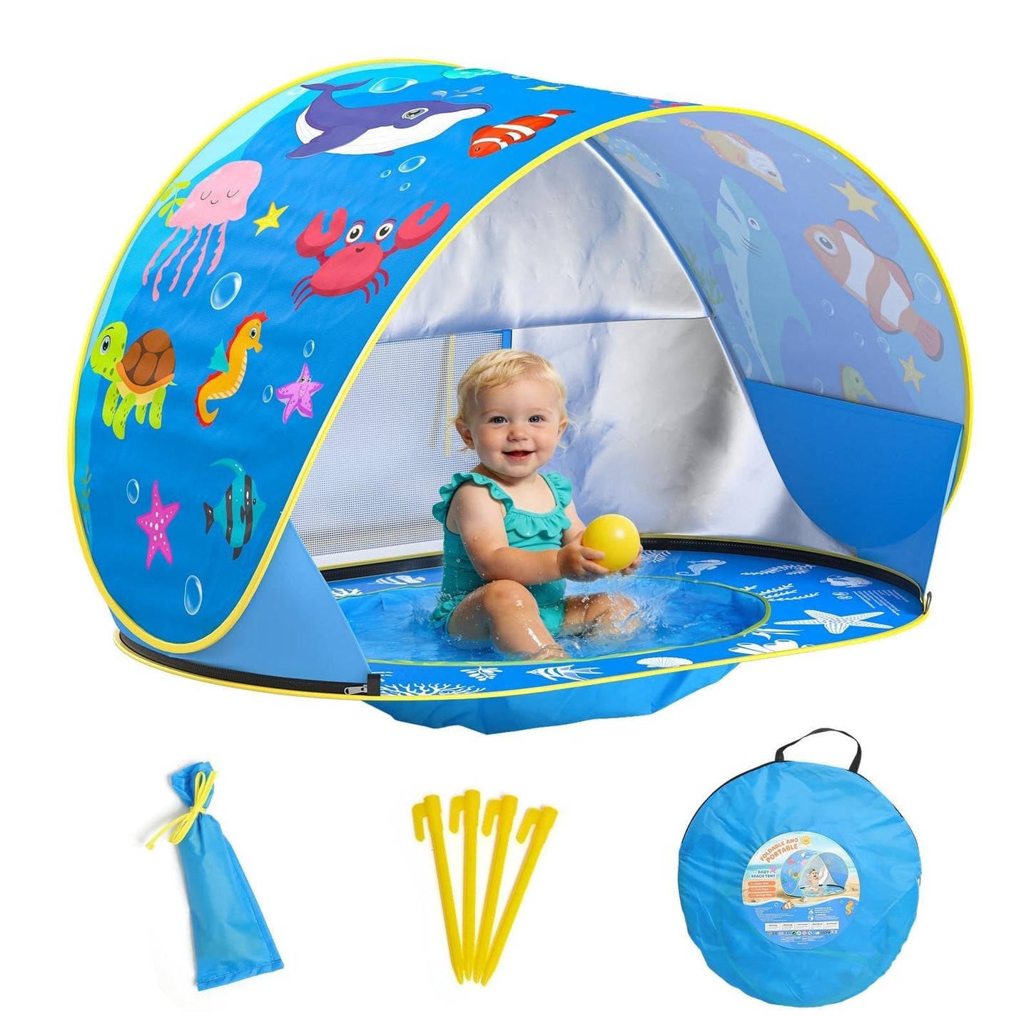 Baby Beach Tent with Pool, Pop Up Beach Tent UV Protection Sun Shelter for Infant Toddlers, Portable Shade Pool Tents Baby Beaches Essentials with Carry Bag for Outdoor, Travel, Camping