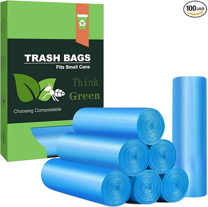 Small Trash Bags, AYOTEE 4-6 Gallon Compostable Garbage Bags, 4 Gallon Trash Bags, Unscented Leak Proof Biodegradable Bags Wastebasket Liners, Bathroom trash bags, Compost Bags (100 Counts, Blue)