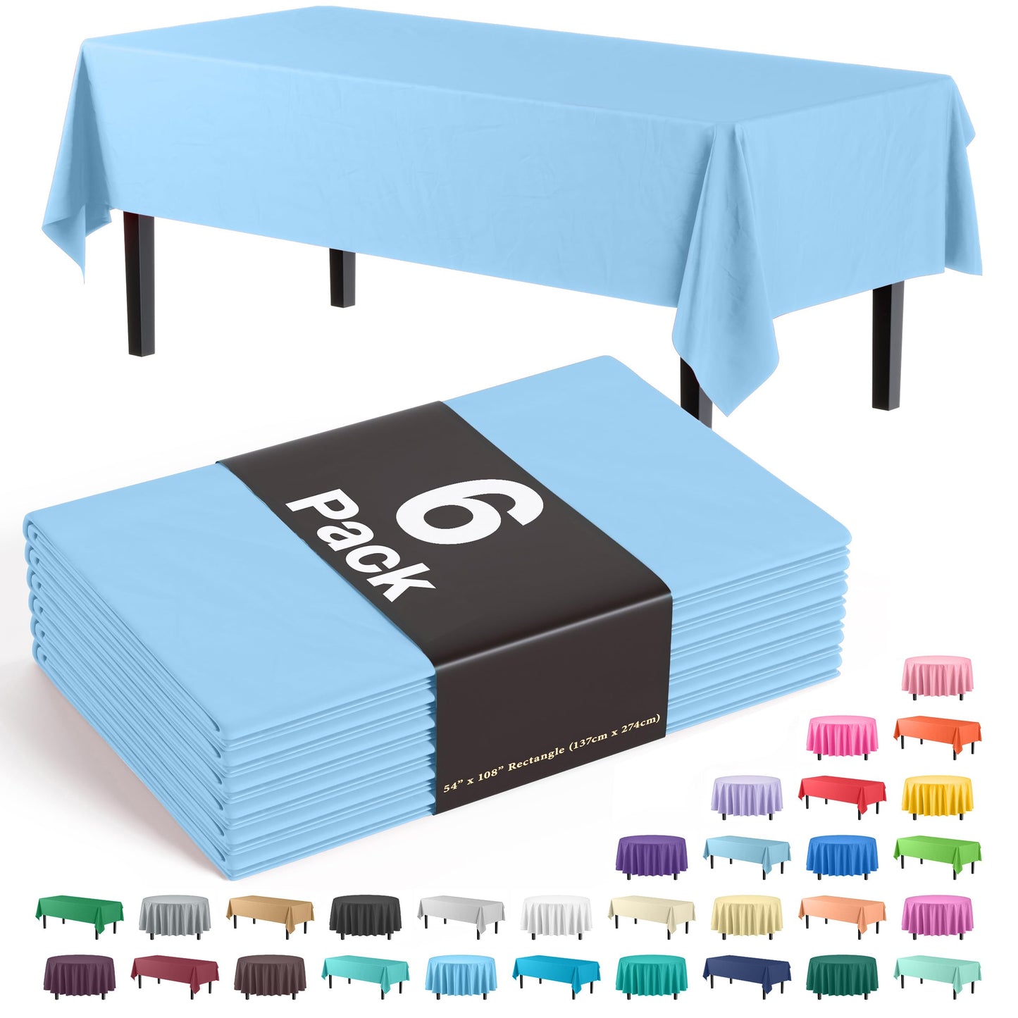 Exquisite Party Solids 6-Pack Premium Plastic Tablecloth 54in. x 108in. Rectangle Plastic Table Cover - Light Blue