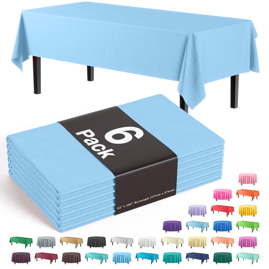 Exquisite Party Solids 6-Pack Premium Plastic Tablecloth 54in. x 108in. Rectangle Plastic Table Cover - Light Blue