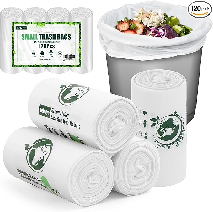 Small Trash Bags 1.2 Gallon, Biodegradable Gallon Waste Bag, Mini Compostable Strong Bathroom Wastebasket Can Liners Garbage Bags for Home Office Kitchen Fit 5 Liter 5L, 1 Gal, White