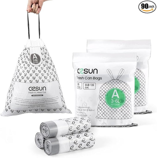 Cesun Code A Drawstring Trash Bags 90 Count, Pre Cut 1.6 Gallon / 6 Liter Small Bathroom Trash Can Liners, White