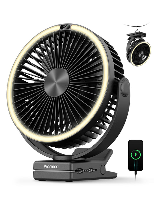 Warmco 15000mAh Portable Clip on Fan Rechargeable, 8 Inch Battery Powered Desk Fan, LED Lantern & Hook, 360° Rotate & 4 Speeds Strong Airflow for Camping Tent Office Outdoor Travel Golf Cart