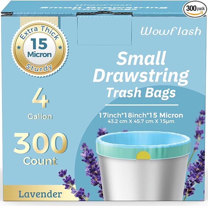 300 Count 15 Micron Extra Thick 4 Gallon Drawstring Small Trash Bags, Sturdy & Tear-Resistant Small Garbage Bags for Bathroom, Office, Bedroom & Kitchen