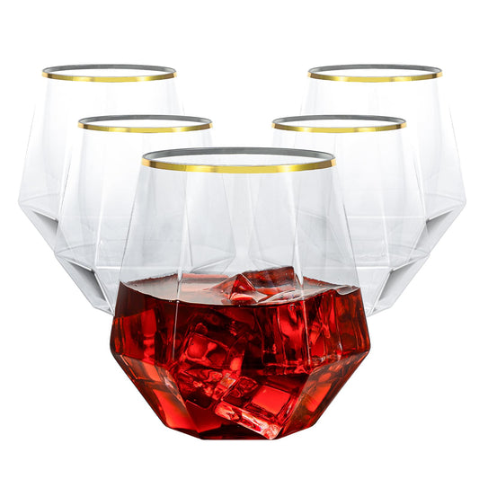 Goodluck 40 PCS Diamond Stemless Plastic Wine Whiskey Glasses, 12 Oz Disposable Cocktail Glasses, Suitable for Weddings, Birthday Parties, Family Gatherings, Bars, etc （Gold rimmed cups）