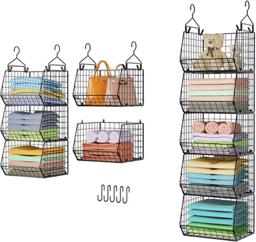 5 Tier Closet Hanging Organizer, Clothes Hanging Shelves with 4 Hanging Hooks 5 S Hooks, Wire Storage Basket Bins